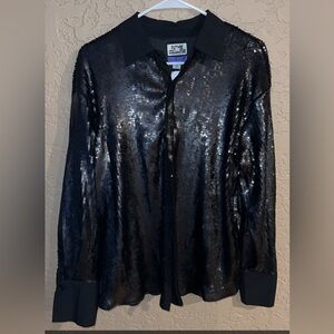 Black Sequin Button-Up Shirt